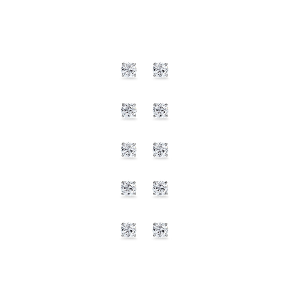 5-Pair Set Sterling Silver White Topaz 3mm Round Stud Earrings-2