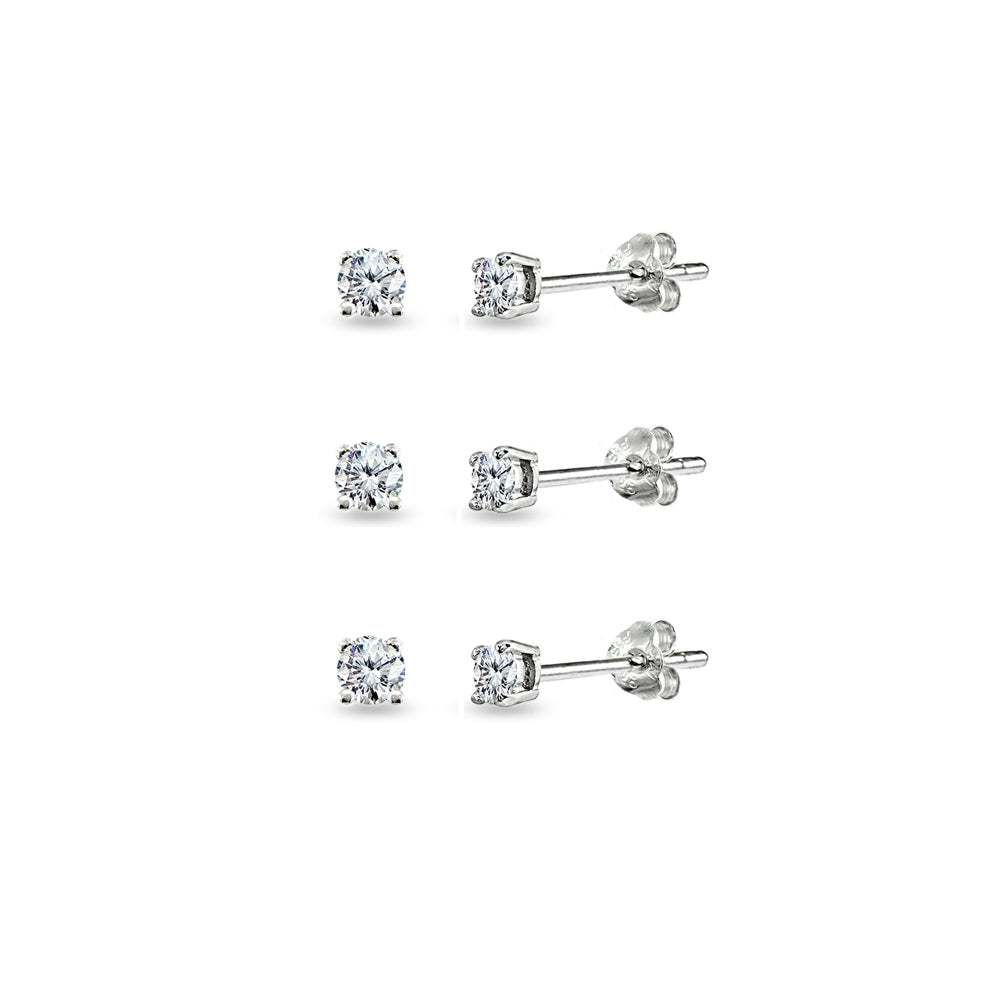 3-Pair Set Sterling Silver Cubic Zirconia 4mm Round Stud Earrings