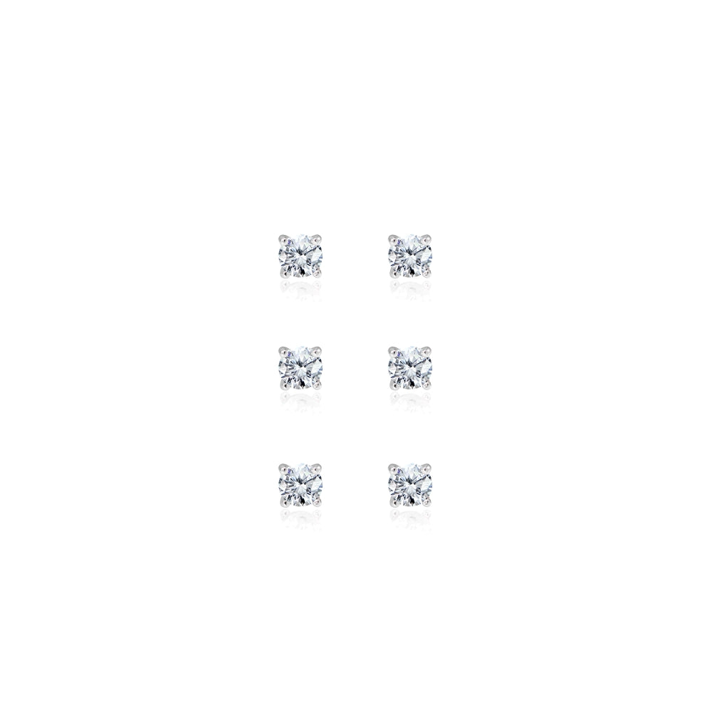3-Pair Set Sterling Silver Cubic Zirconia 4mm Round Stud Earrings-2