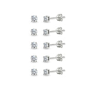 5-Pair Set Sterling Silver Cubic Zirconia 4mm Round Stud Earrings