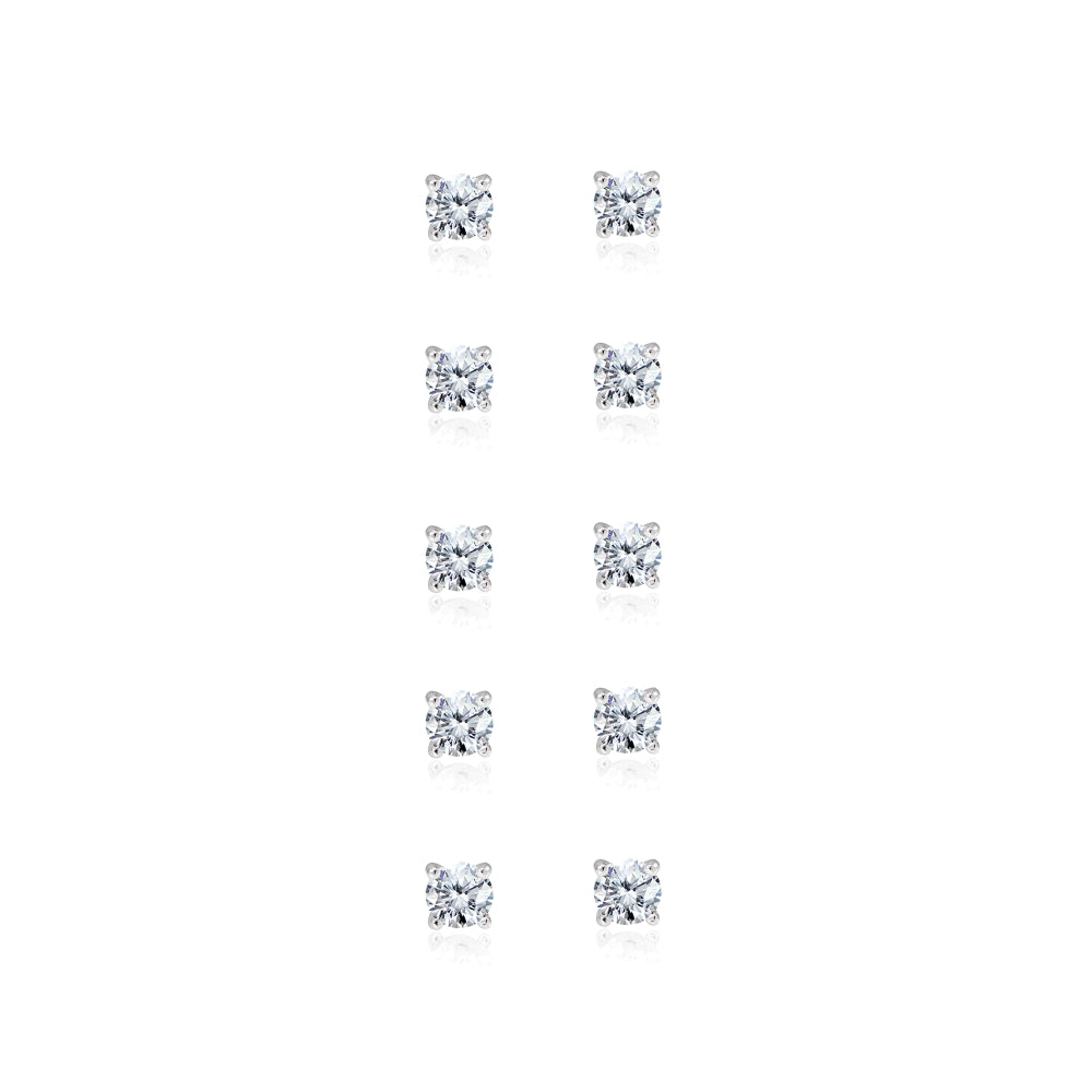 5-Pair Set Sterling Silver Cubic Zirconia 4mm Round Stud Earrings-2