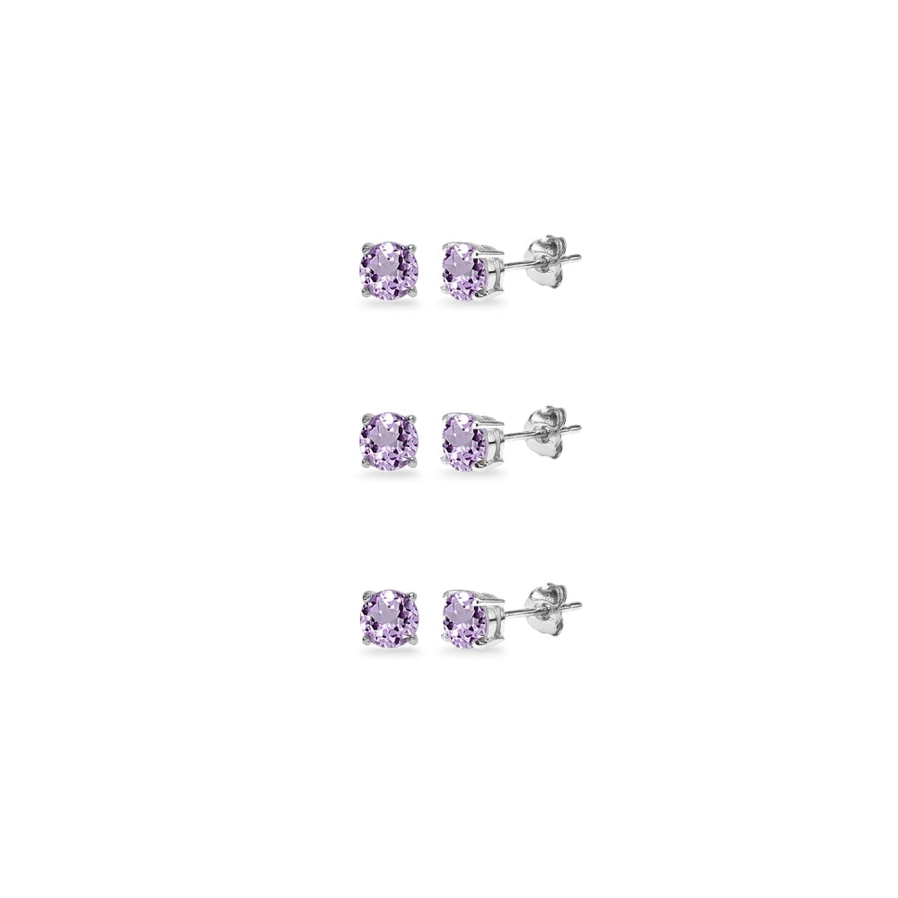 3-Pair Set Sterling Silver Amethyst 4mm Round Stud Earrings