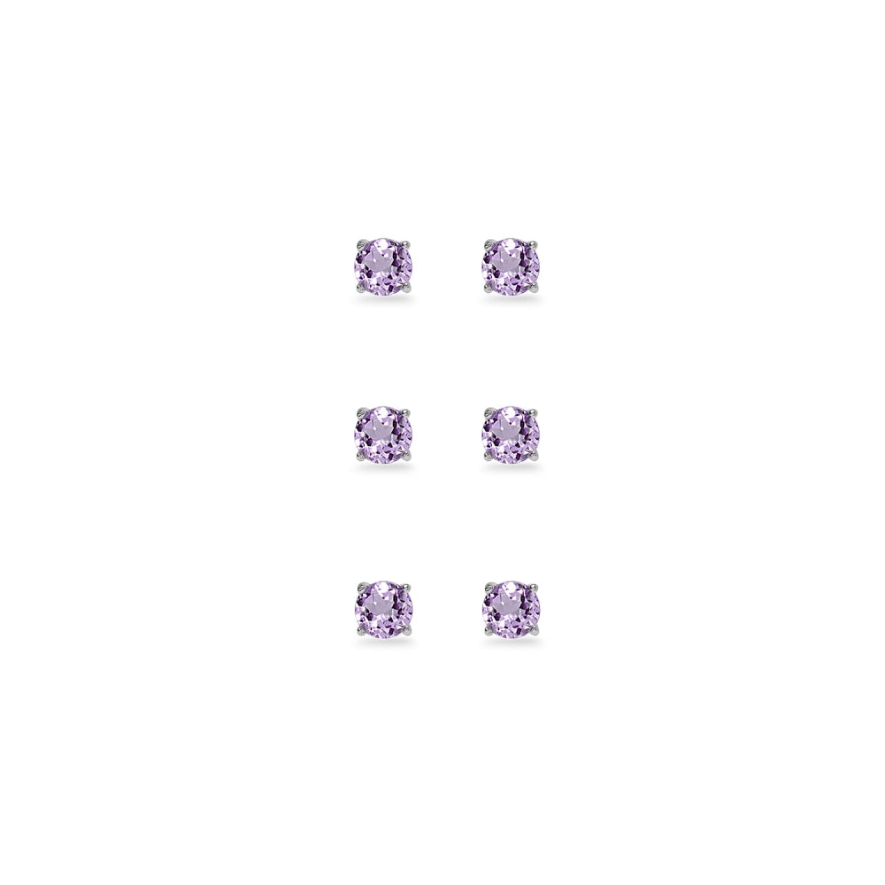3-Pair Set Sterling Silver Amethyst 4mm Round Stud Earrings-2