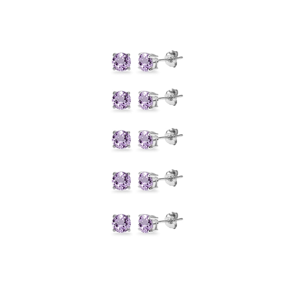5-Pair Set Sterling Silver Amethyst 4mm Round Stud Earrings