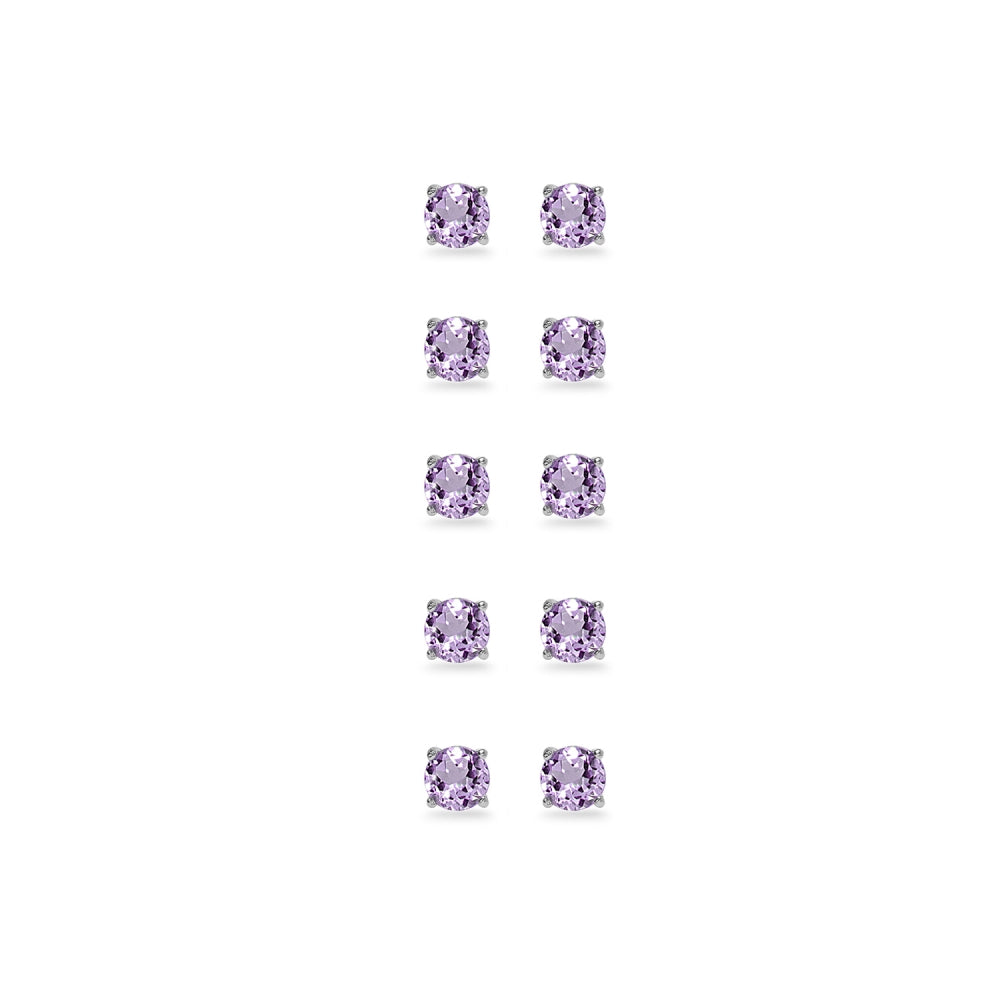 5-Pair Set Sterling Silver Amethyst 4mm Round Stud Earrings-2