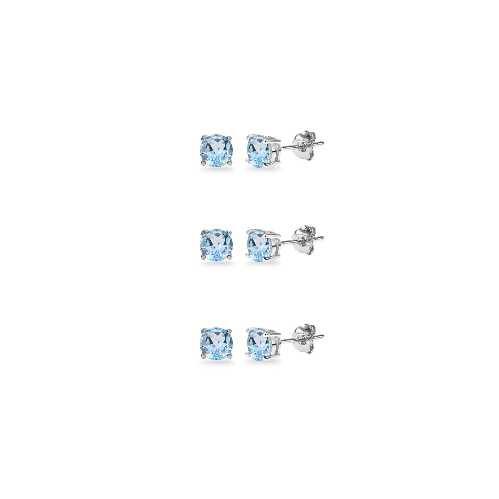3-Pair Set Sterling Silver Blue Topaz 4mm Round Stud Earrings
