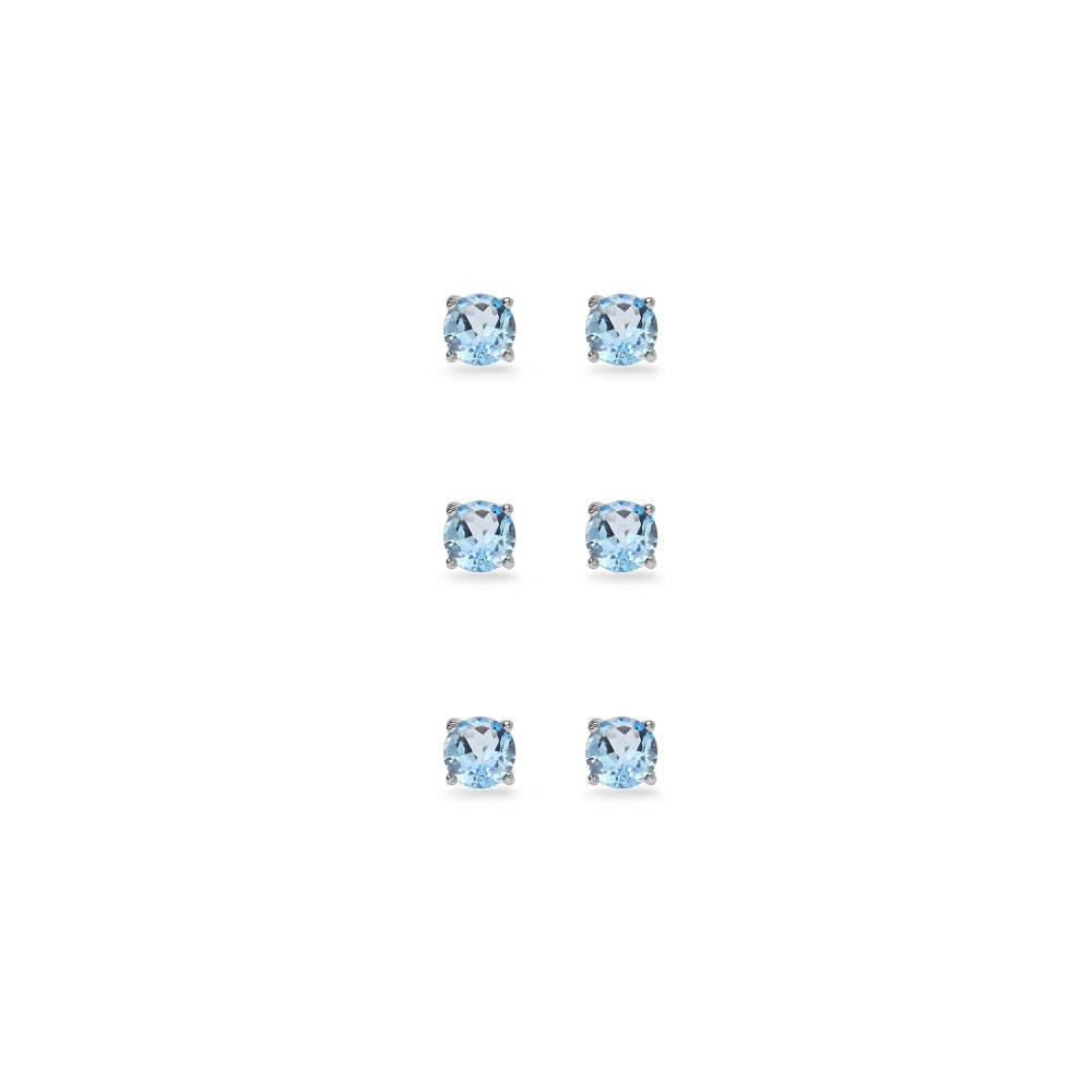 3-Pair Set Sterling Silver Blue Topaz 4mm Round Stud Earrings-2