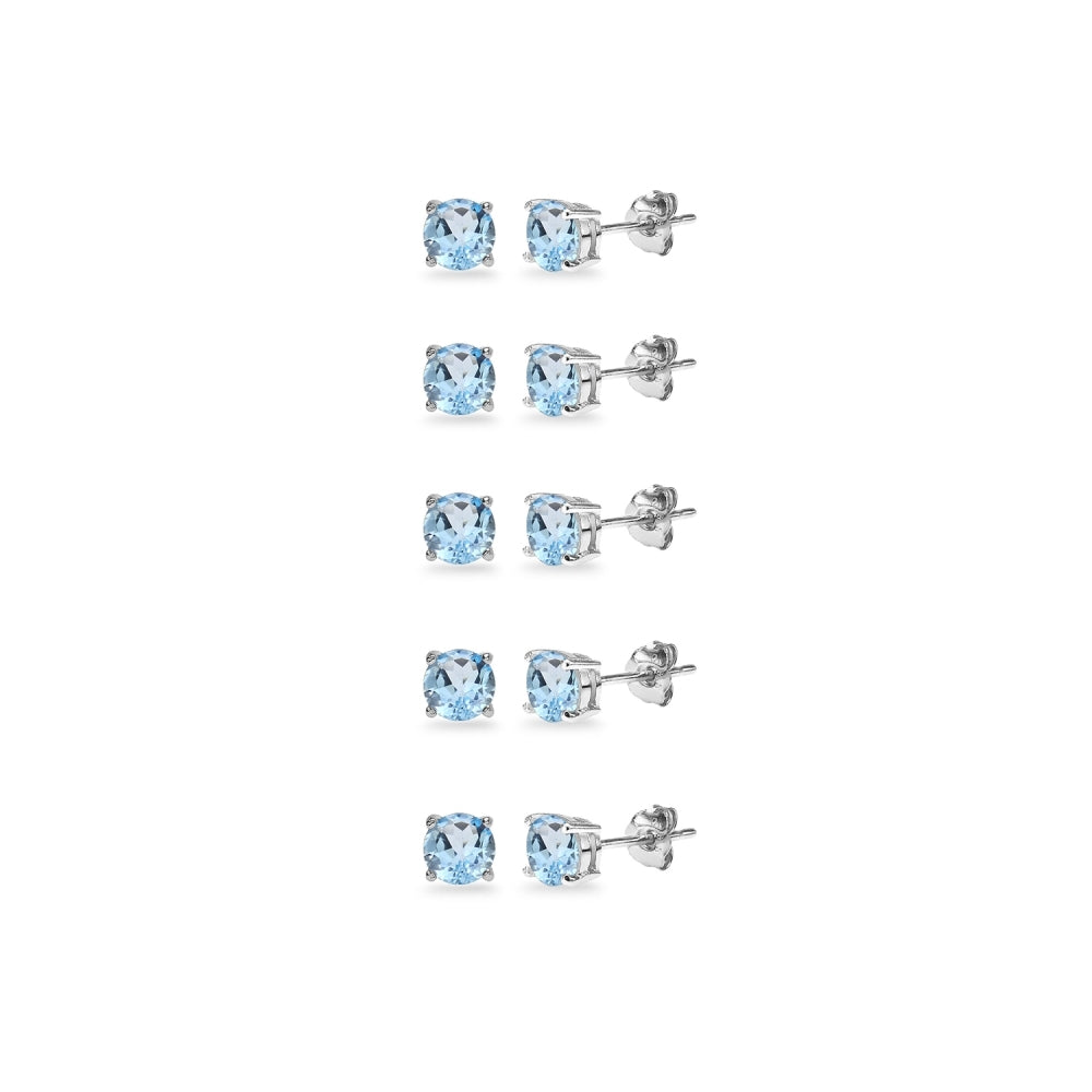 5-Pair Set Sterling Silver Blue Topaz 4mm Round Stud Earrings