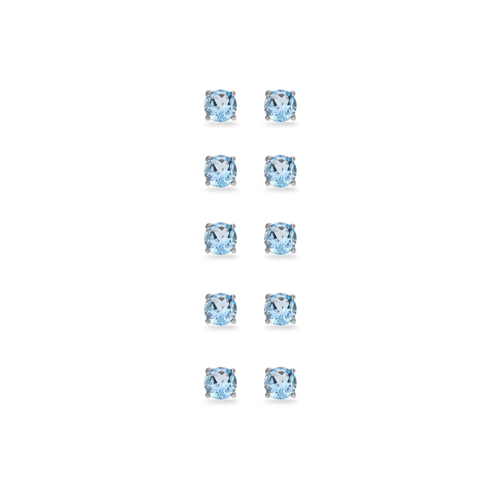 5-Pair Set Sterling Silver Blue Topaz 4mm Round Stud Earrings-2
