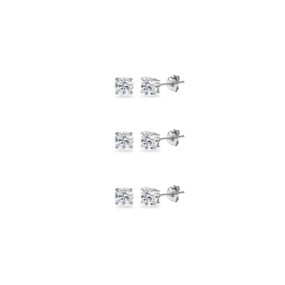 3-Pair Set Sterling Silver White Topaz 4mm Round Stud Earrings