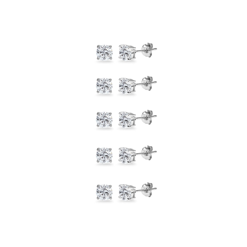5-Pair Set Sterling Silver White Topaz 4mm Round Stud Earrings