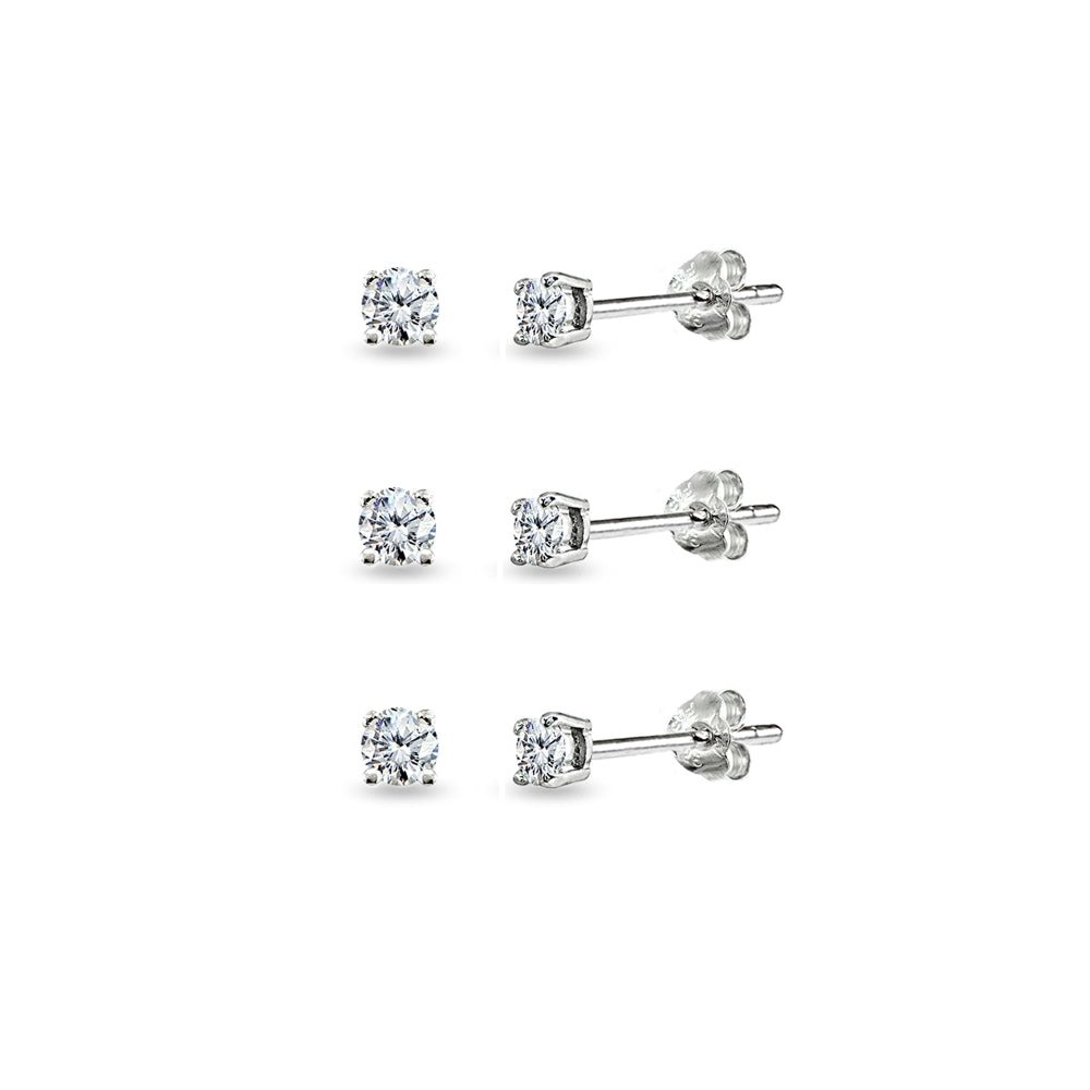 3-Pair Set Sterling Silver Cubic Zirconia 5mm Round Stud Earrings