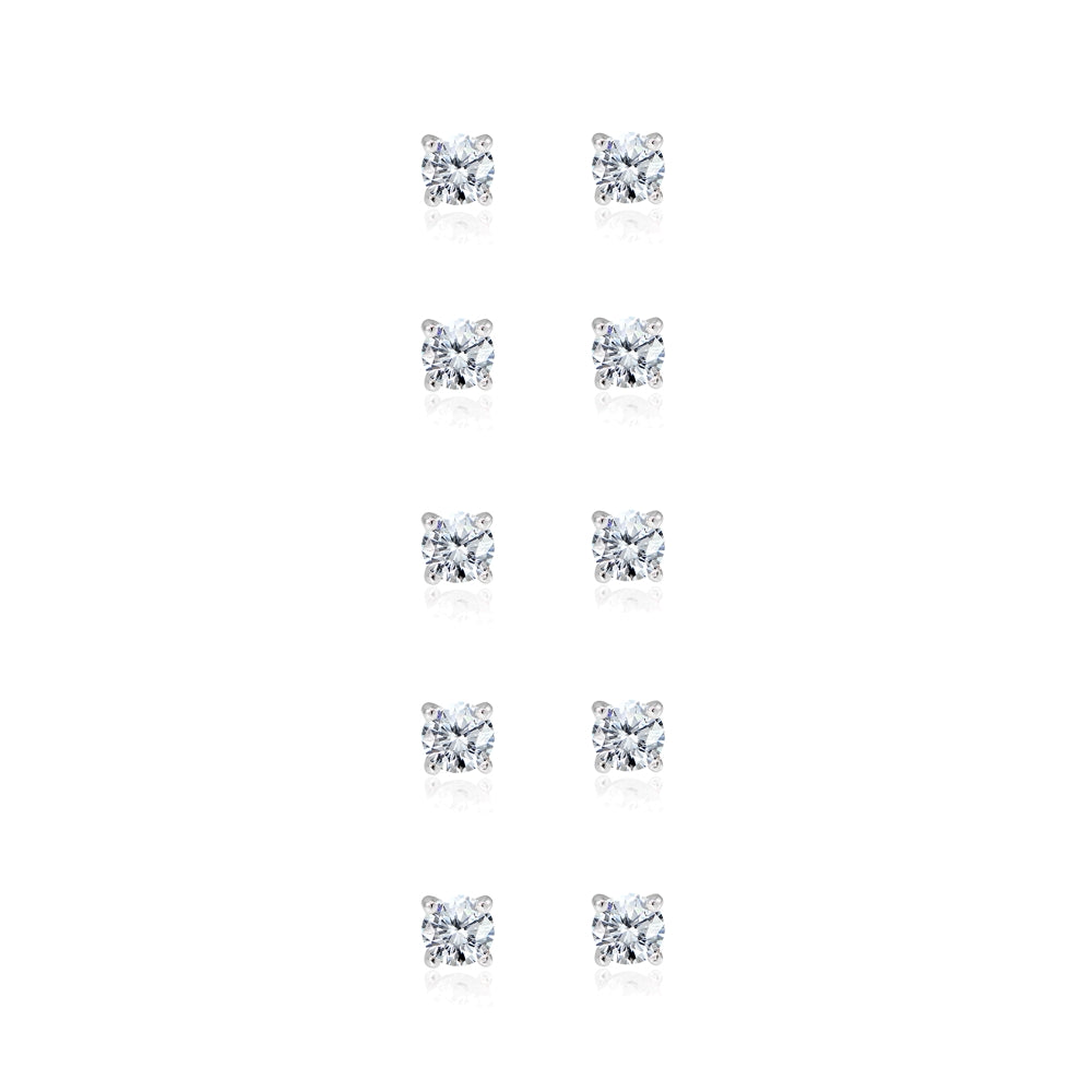 5-Pair Set Sterling Silver Cubic Zirconia 5mm Round Stud Earrings-2