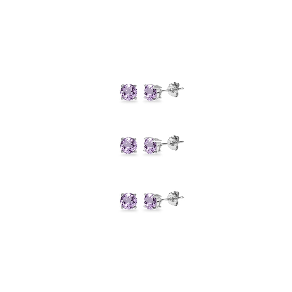 3-Pair Set Sterling Silver Amethyst 5mm Round Stud Earrings