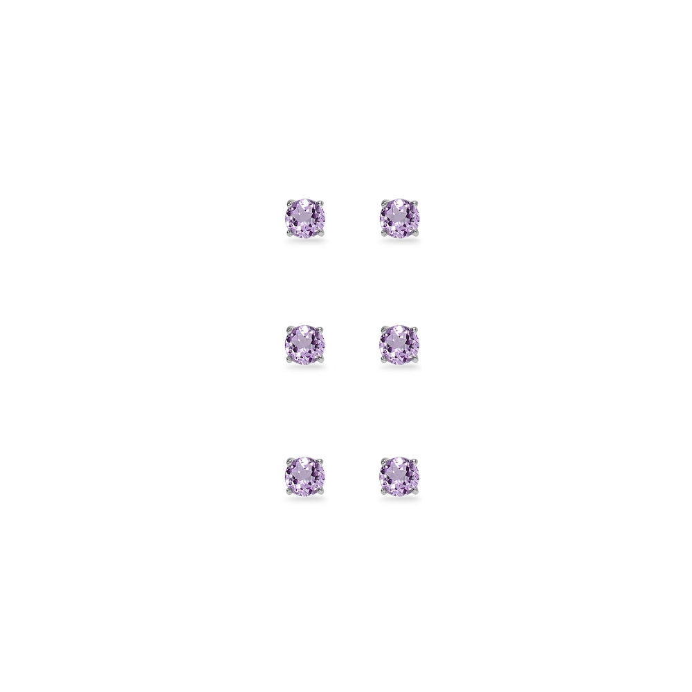 3-Pair Set Sterling Silver Amethyst 5mm Round Stud Earrings-2
