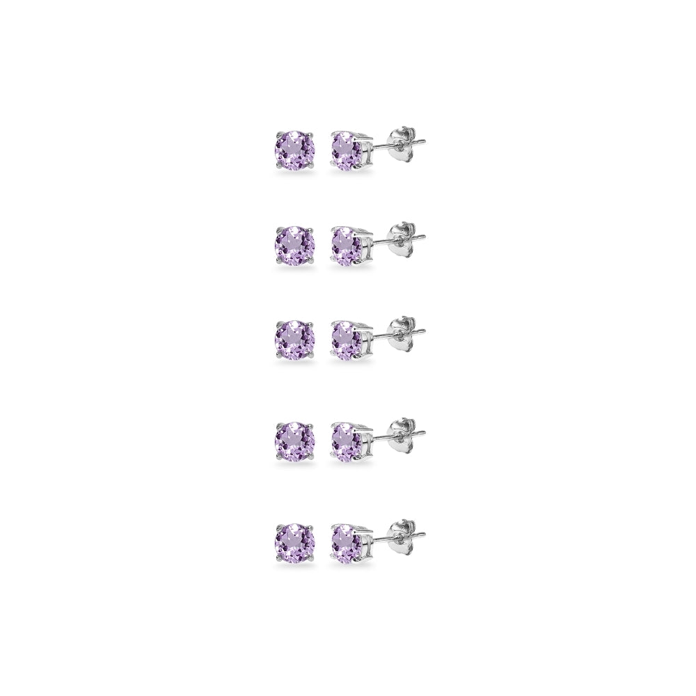 5-Pair Set Sterling Silver Amethyst 5mm Round Stud Earrings