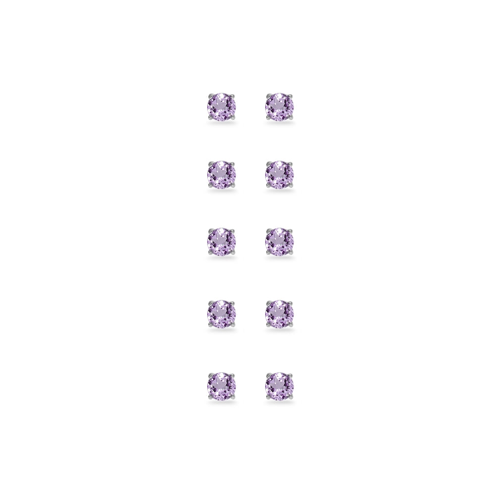 5-Pair Set Sterling Silver Amethyst 5mm Round Stud Earrings-2