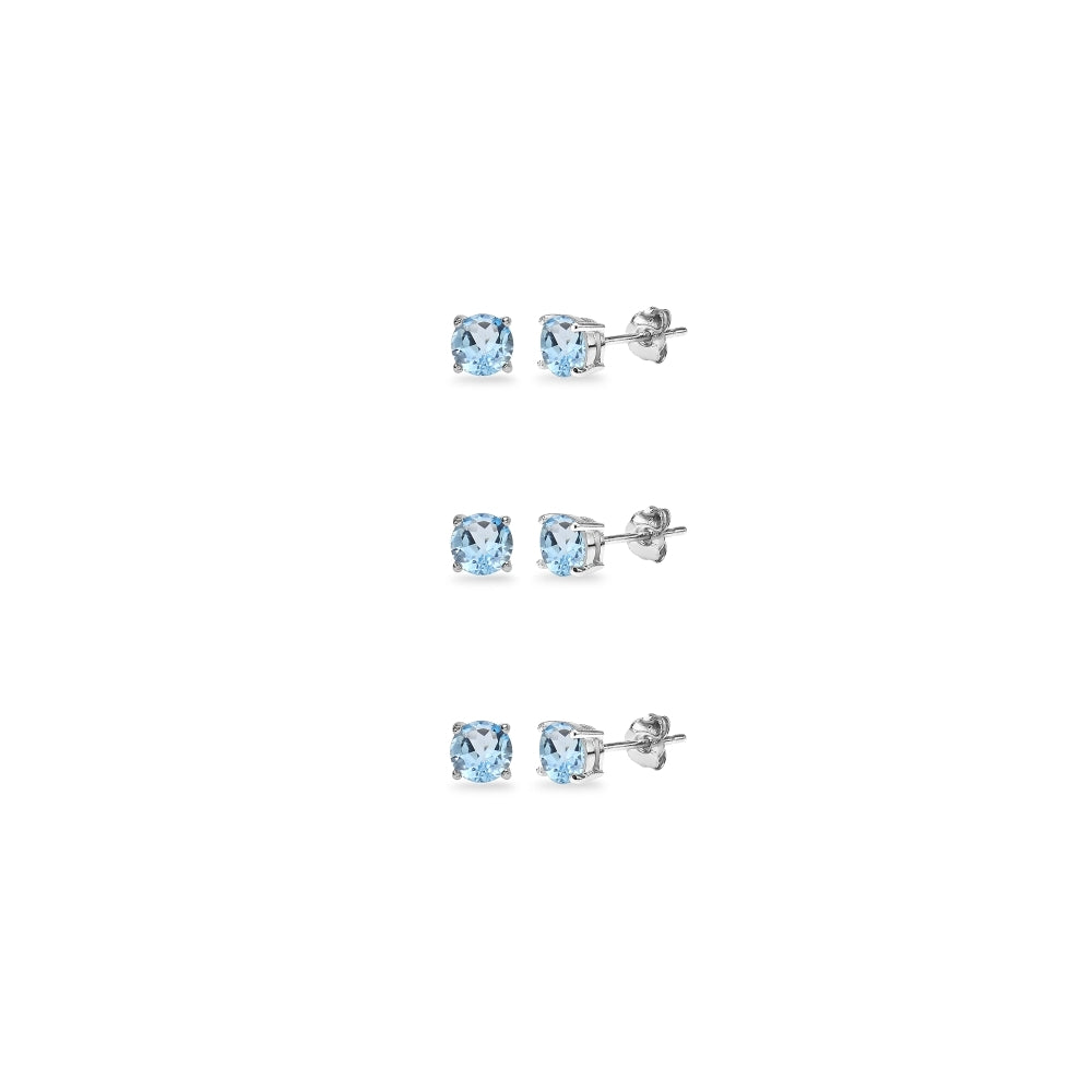 3-Pair Set Sterling Silver Blue Topaz 5mm Round Stud Earrings