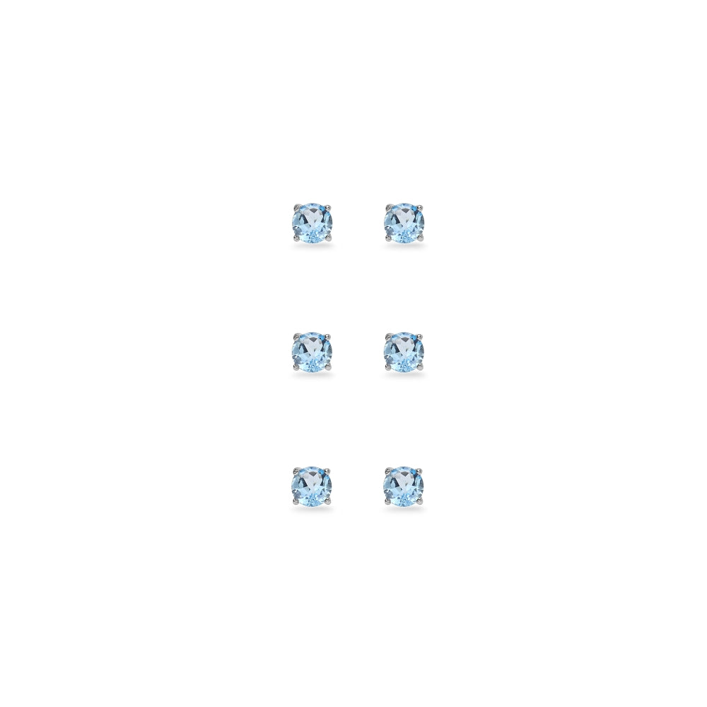 3-Pair Set Sterling Silver Blue Topaz 5mm Round Stud Earrings-2