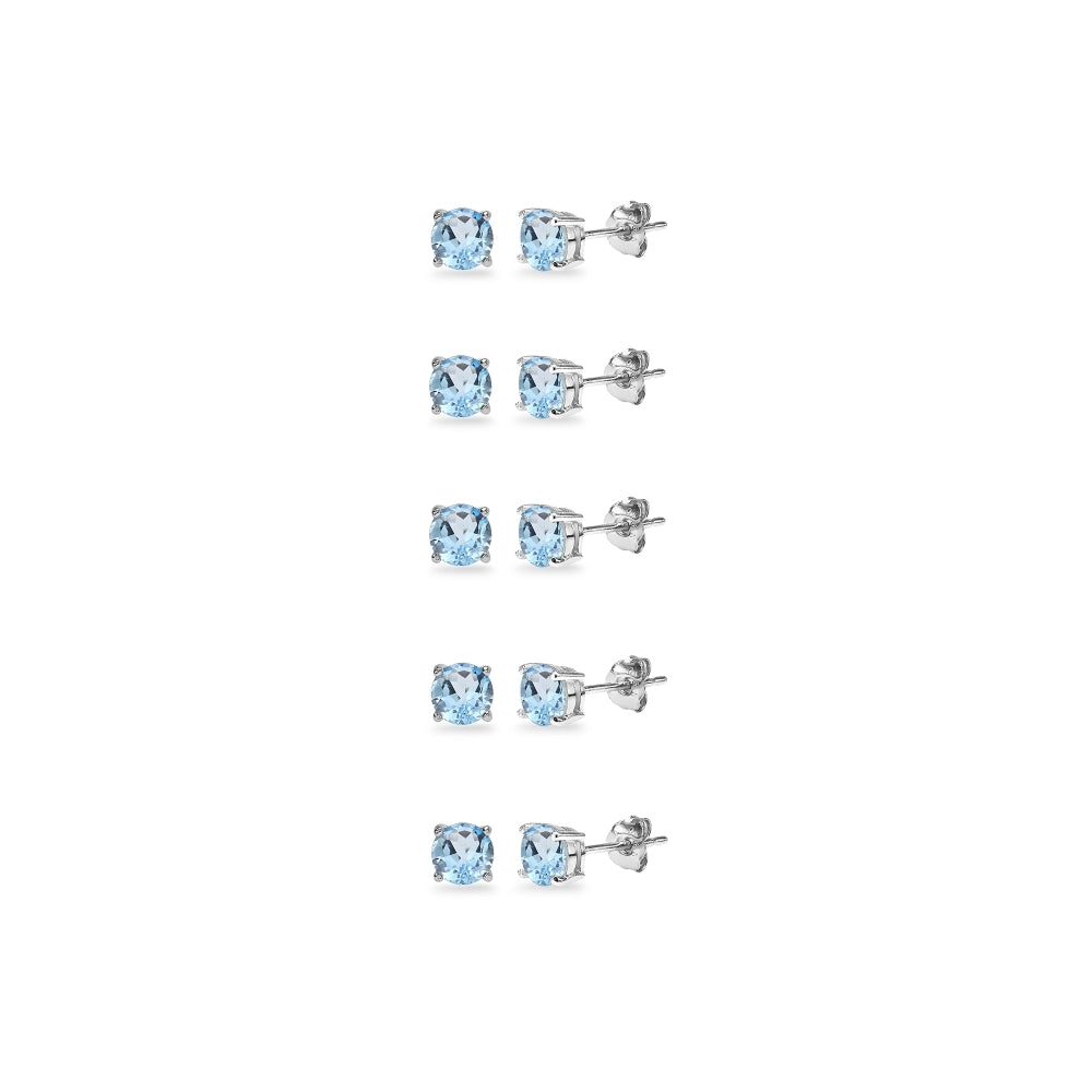 5-Pair Set Sterling Silver Blue Topaz 5mm Round Stud Earrings