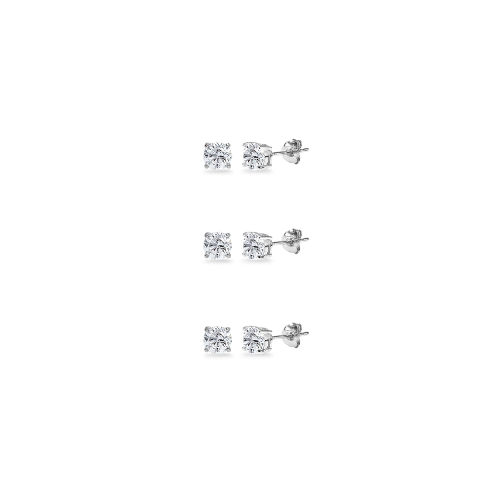 3-Pair Set Sterling Silver White Topaz 5mm Round Stud Earrings