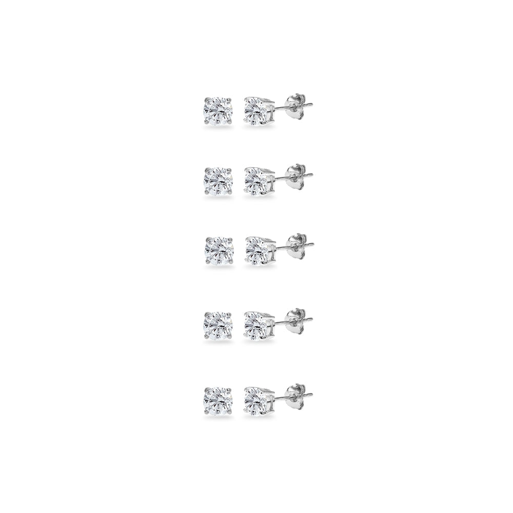 5-Pair Set Sterling Silver White Topaz 5mm Round Stud Earrings