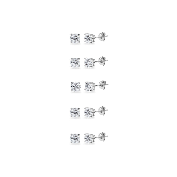 5-Pair Set Sterling Silver White Topaz 5mm Round Stud Earrings