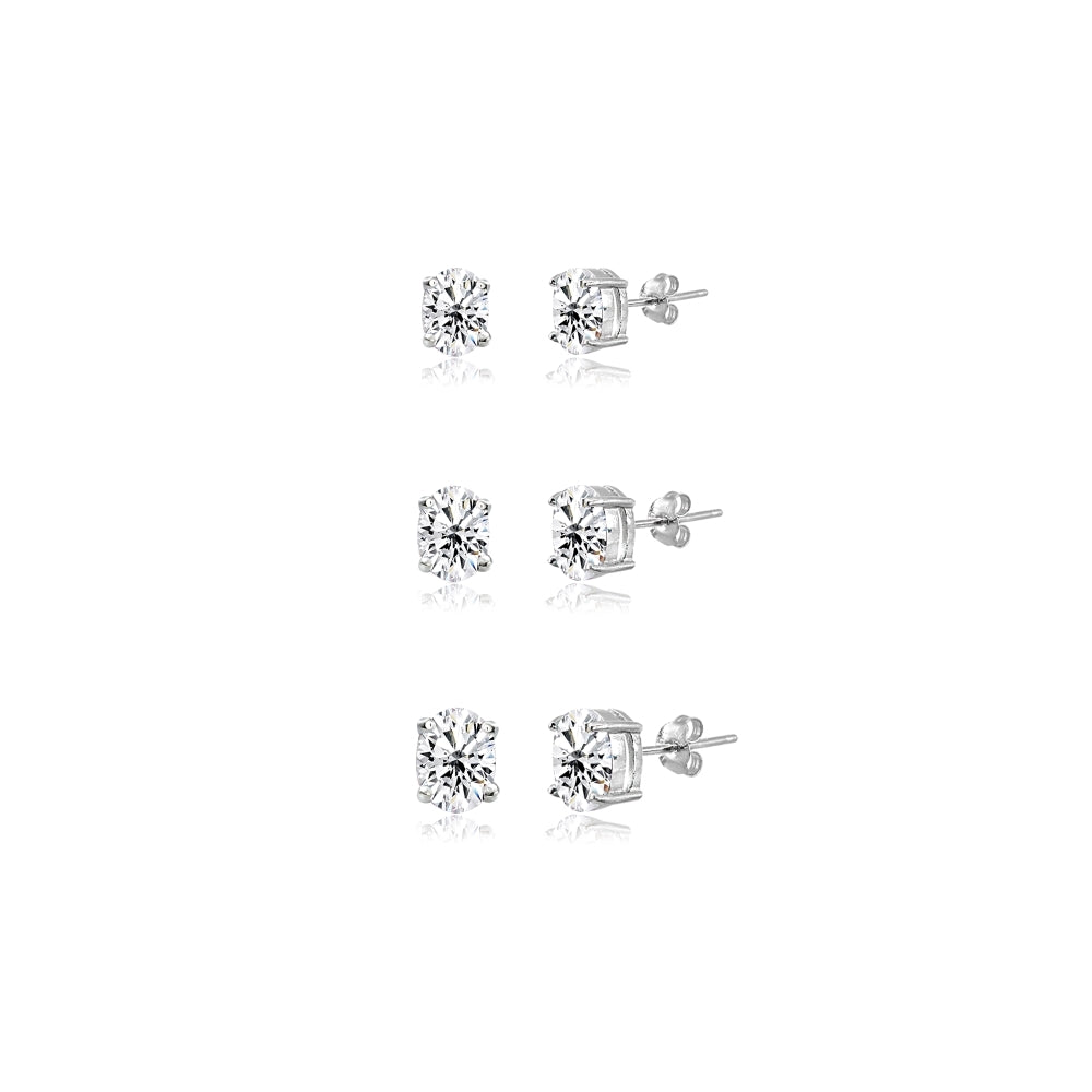 3-Pair Set Sterling Silver Cubic Zirconia Oval Stud Earrings, 5X3mm 6x4mm 7x5mm