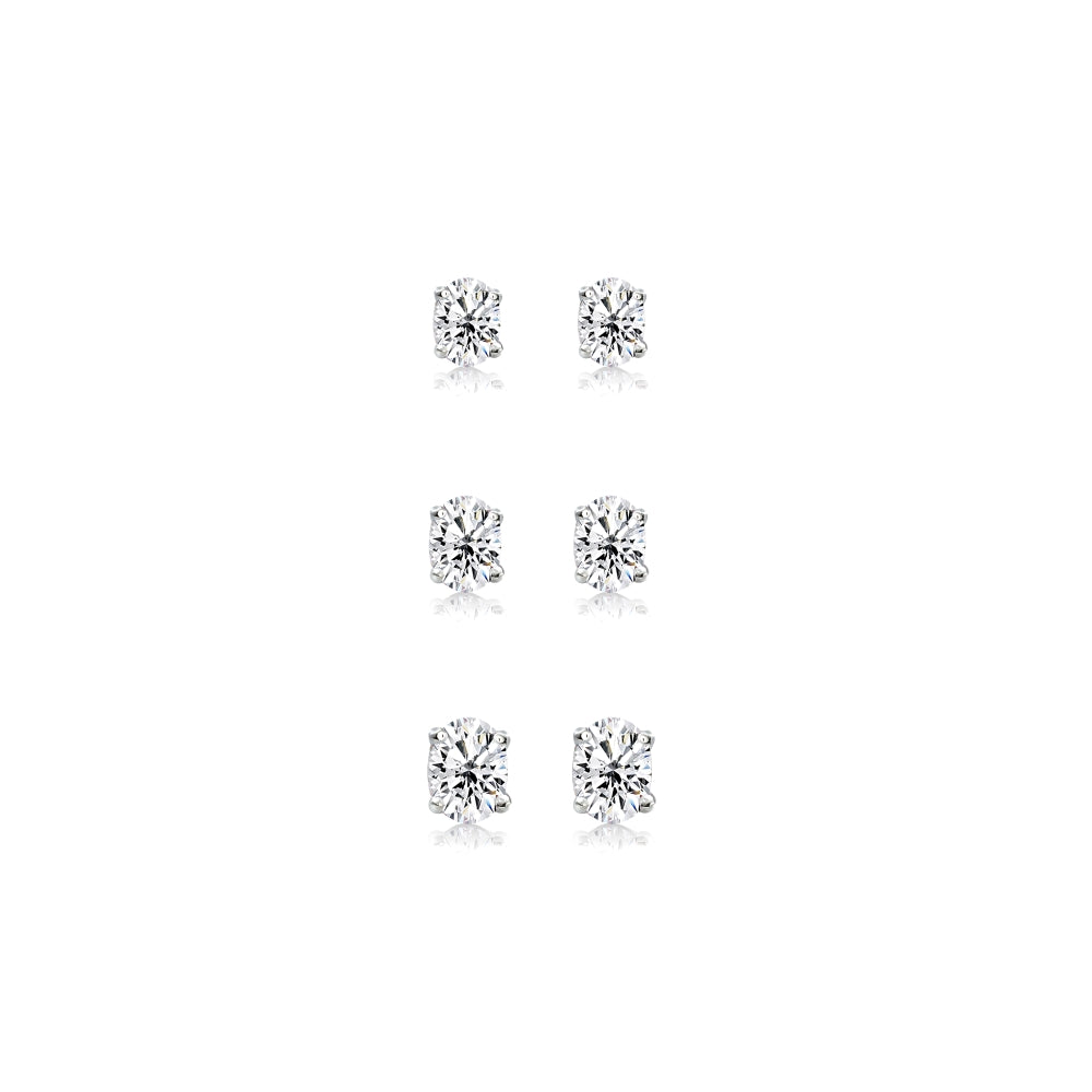 3-Pair Set Sterling Silver Cubic Zirconia Oval Stud Earrings, 5X3mm 6x4mm 7x5mm-2