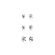 3-Pair Set Sterling Silver Cubic Zirconia Oval Stud Earrings, 5X3mm 6x4mm 7x5mm