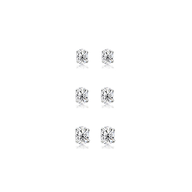 3-Pair Set Sterling Silver Cubic Zirconia Oval Stud Earrings, 5X3mm 6x4mm 7x5mm