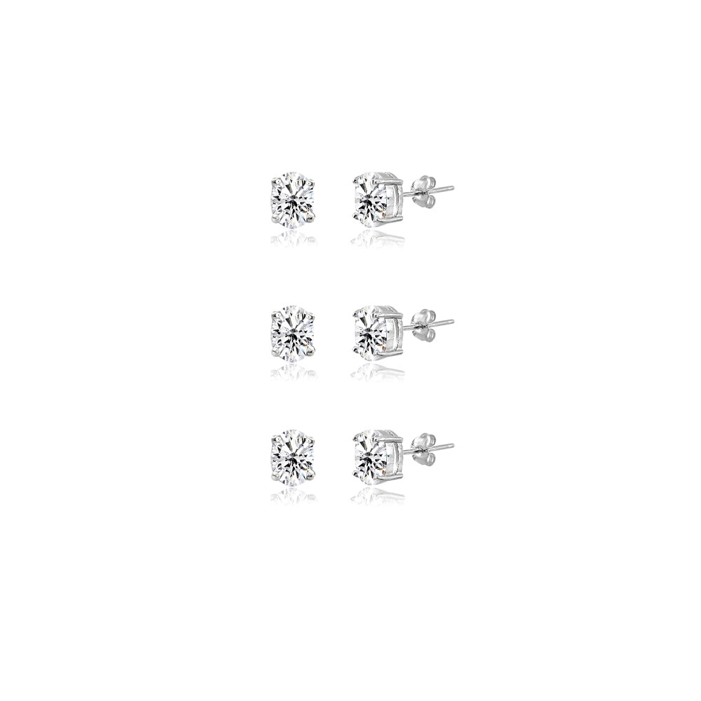 3-Pair Set Sterling Silver Cubic Zirconia 5x3mm Oval Stud Earrings