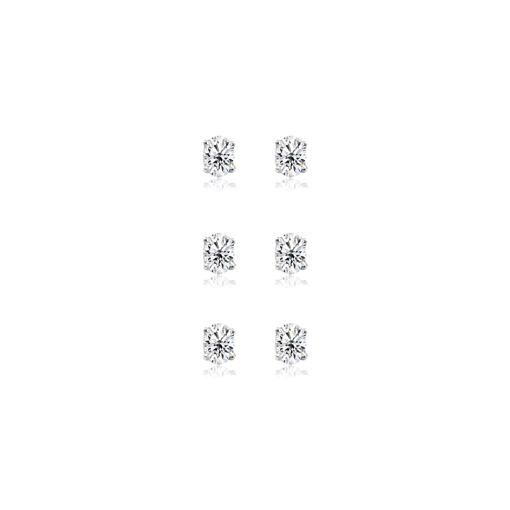 3-Pair Set Sterling Silver Cubic Zirconia 5x3mm Oval Stud Earrings-2