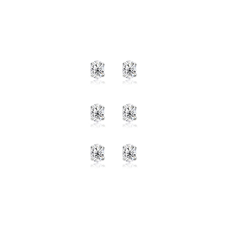 3-Pair Set Sterling Silver Cubic Zirconia 5x3mm Oval Stud Earrings