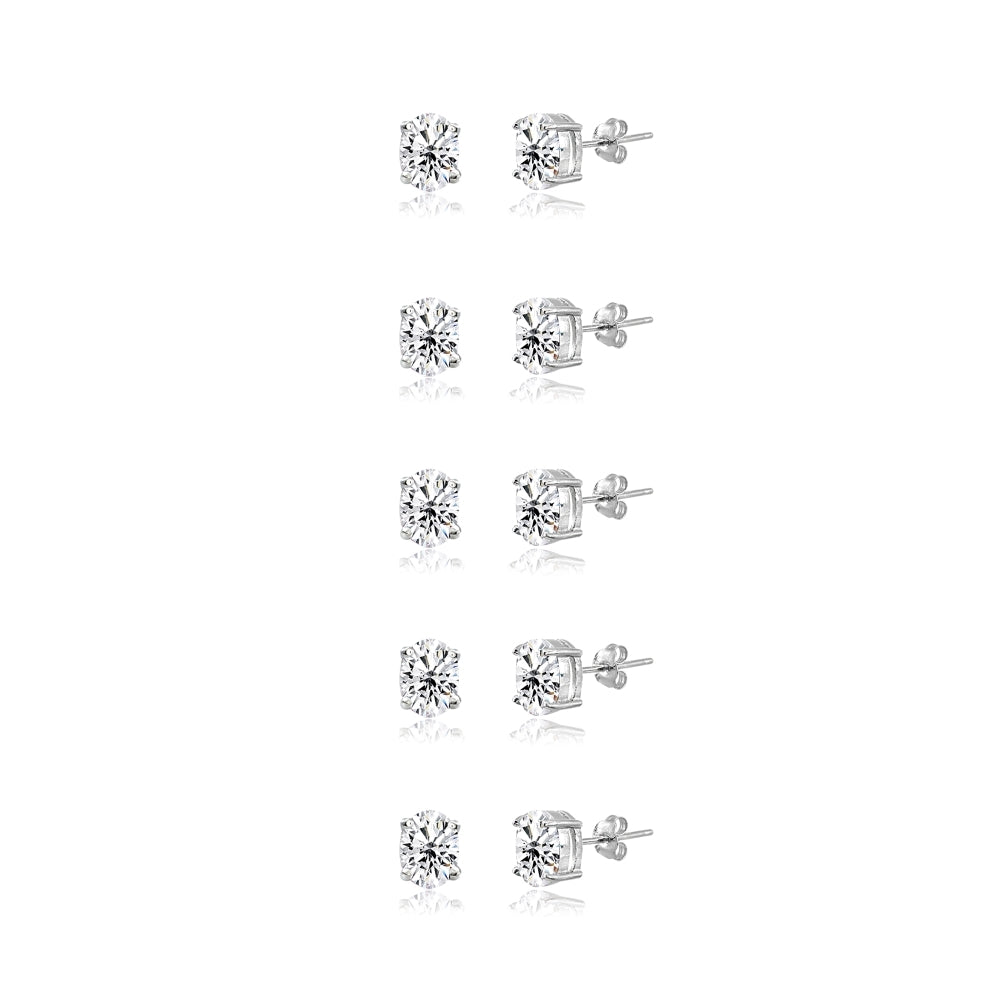 5-Pair Set Sterling Silver Cubic Zirconia 5x3mm Oval Stud Earrings