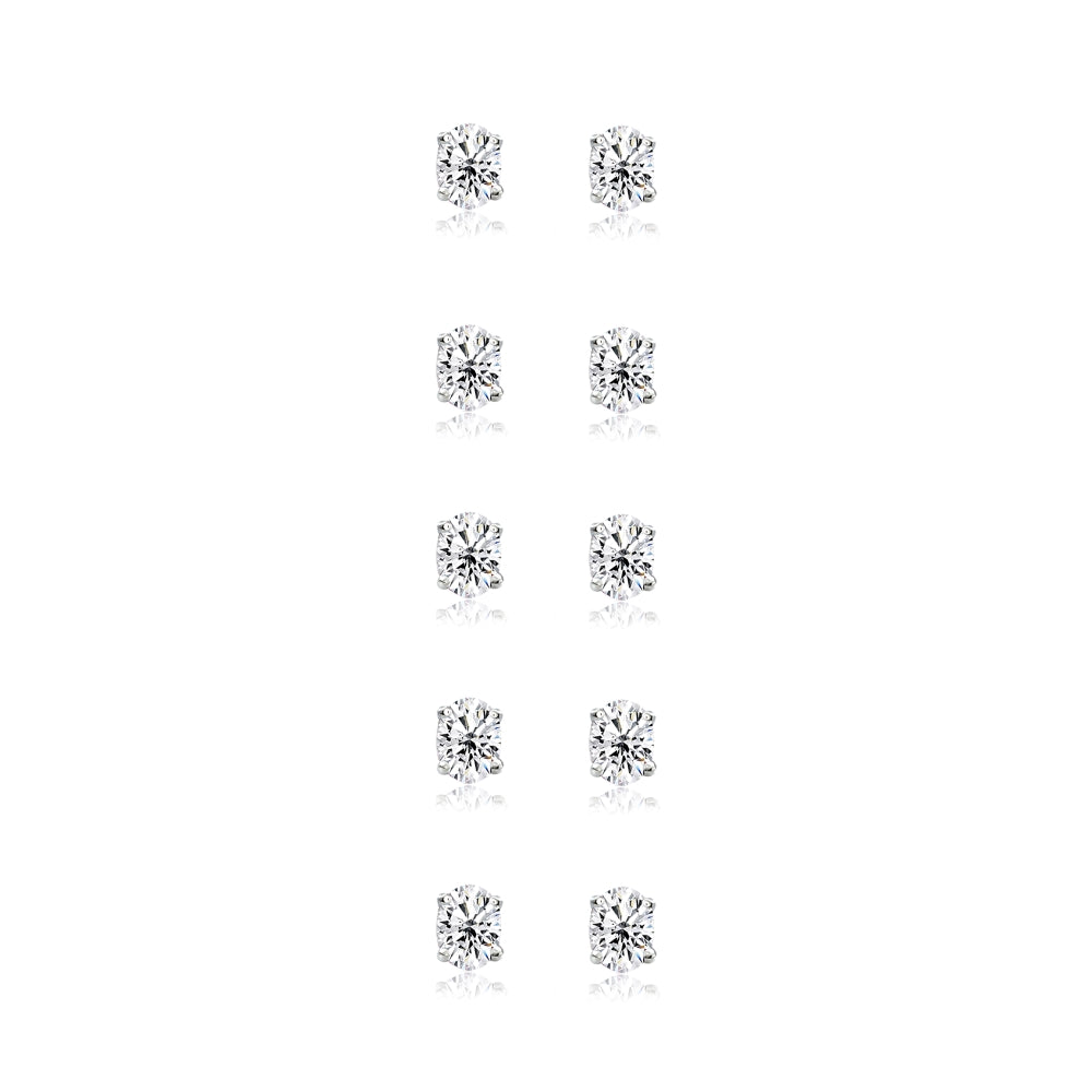 5-Pair Set Sterling Silver Cubic Zirconia 5x3mm Oval Stud Earrings-2