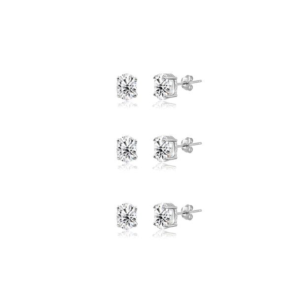 3-Pair Set Sterling Silver Cubic Zirconia 6x4mm Oval Stud Earrings