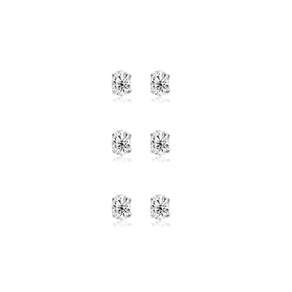 3-Pair Set Sterling Silver Cubic Zirconia 6x4mm Oval Stud Earrings-2