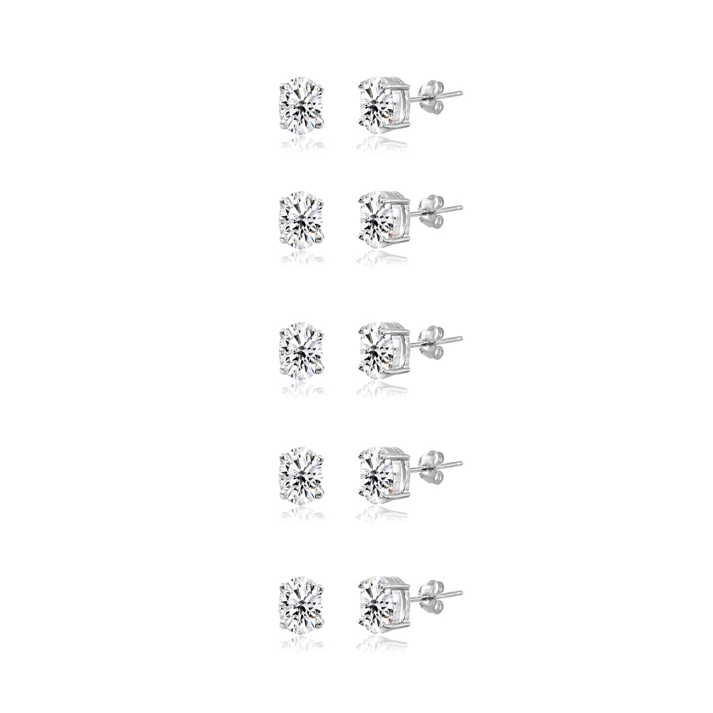5-Pair Set Sterling Silver Cubic Zirconia 6x4mm Oval Stud Earrings