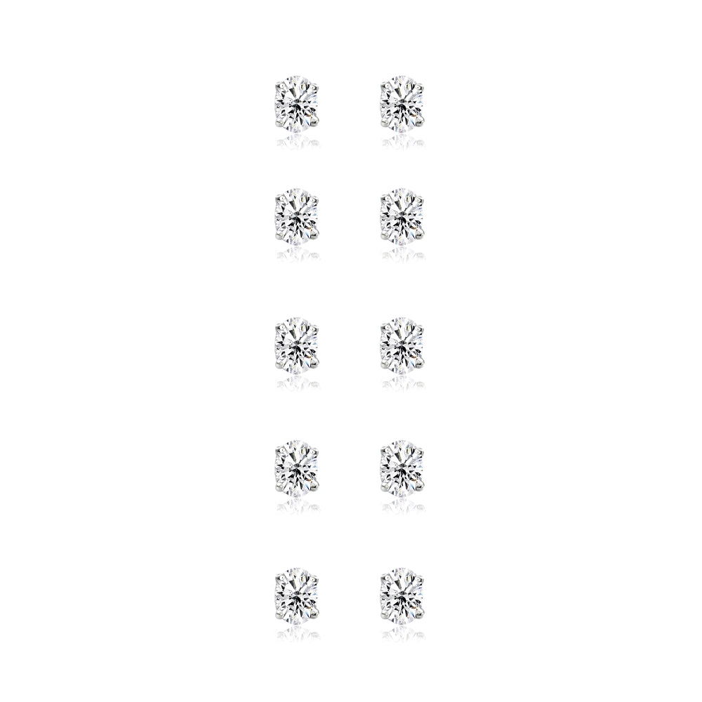 5-Pair Set Sterling Silver Cubic Zirconia 6x4mm Oval Stud Earrings-2