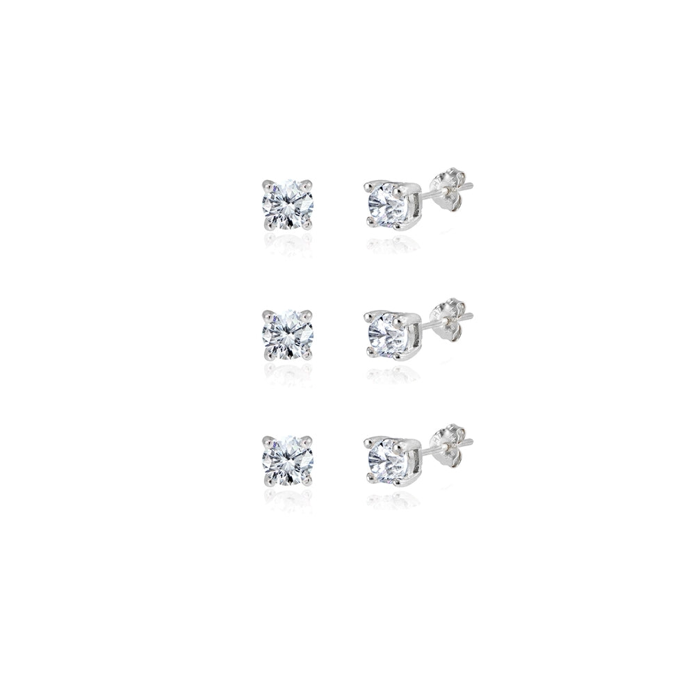 3-Pair Set Sterling Silver Cubic Zirconia 6mm Round Stud Earrings