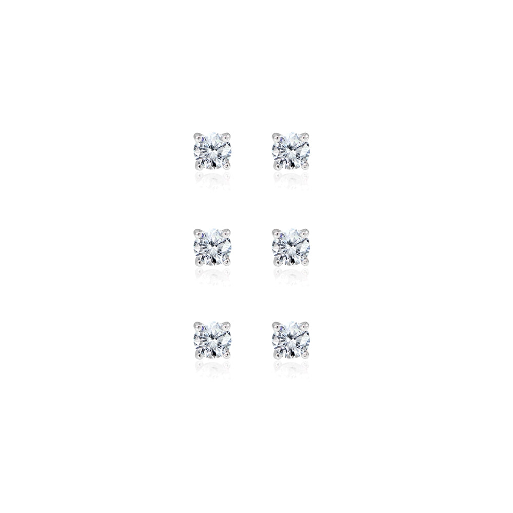 3-Pair Set Sterling Silver Cubic Zirconia 6mm Round Stud Earrings-2