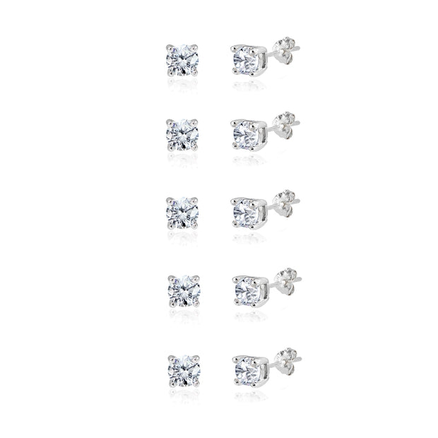 5-Pair Set Sterling Silver Cubic Zirconia 6mm Round Stud Earrings