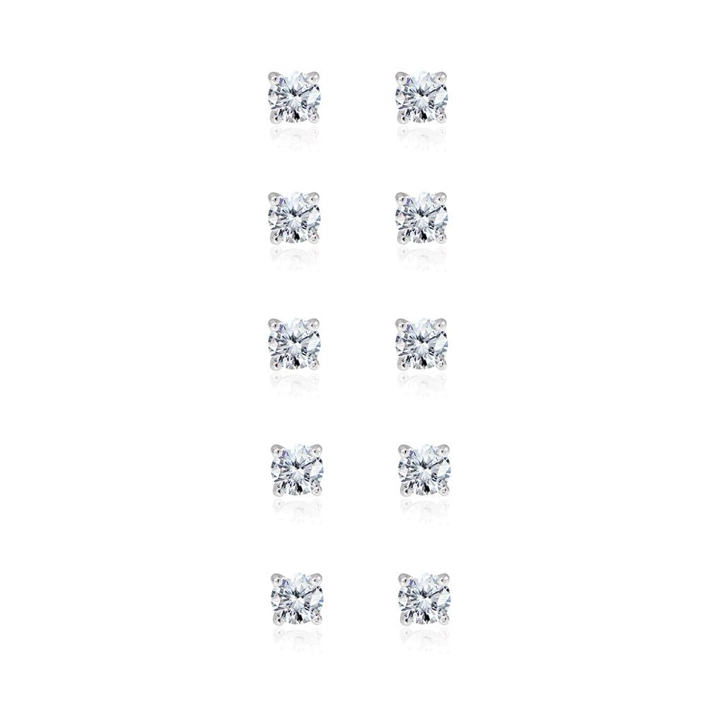 5-Pair Set Sterling Silver Cubic Zirconia 6mm Round Stud Earrings-2