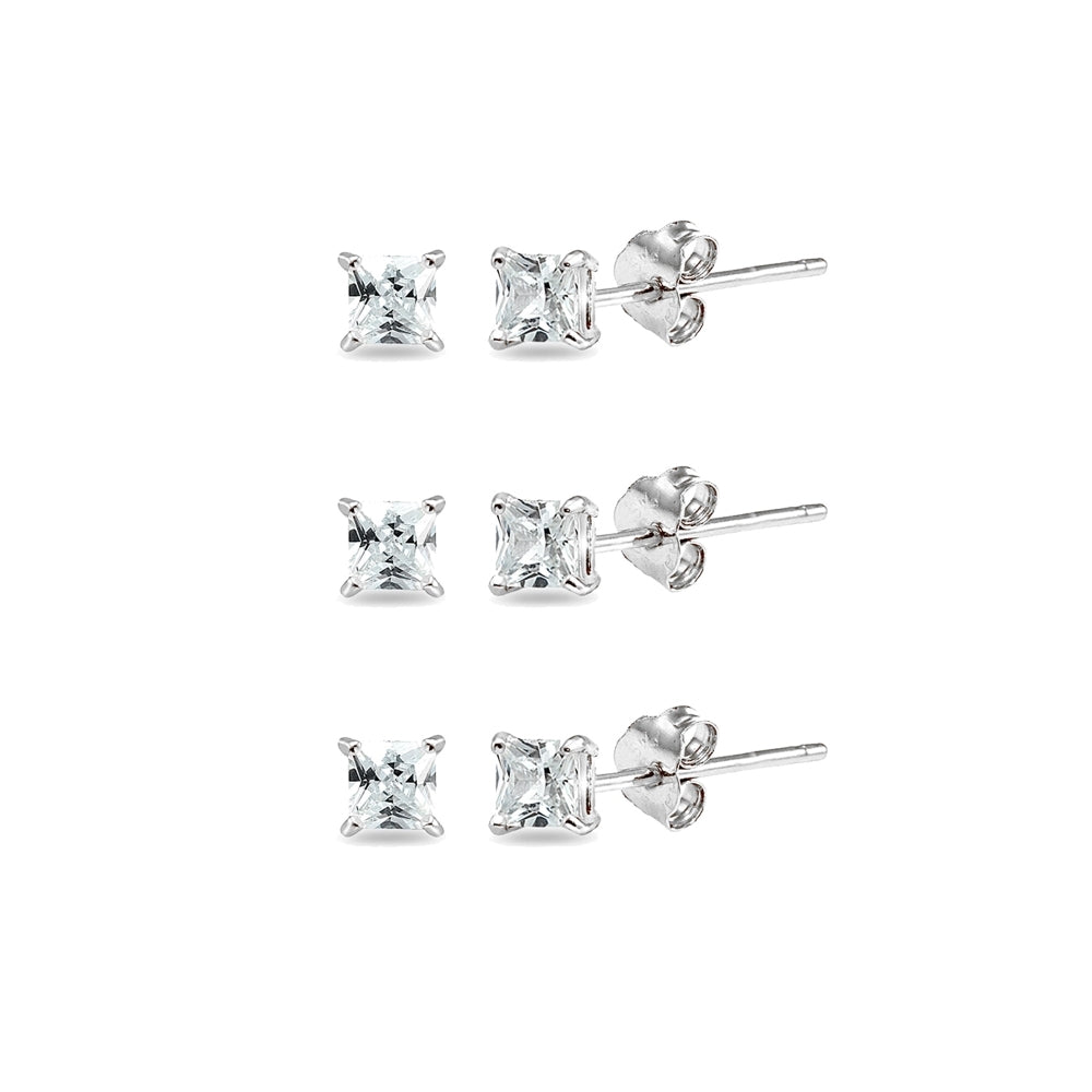 3-Pair Set Sterling Silver Cubic Zirconia Princess-Cut 6mm Square Stud Earrings