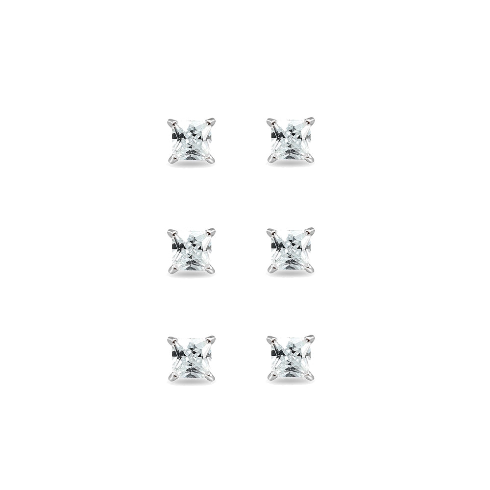 3-Pair Set Sterling Silver Cubic Zirconia Princess-Cut 6mm Square Stud Earrings-2