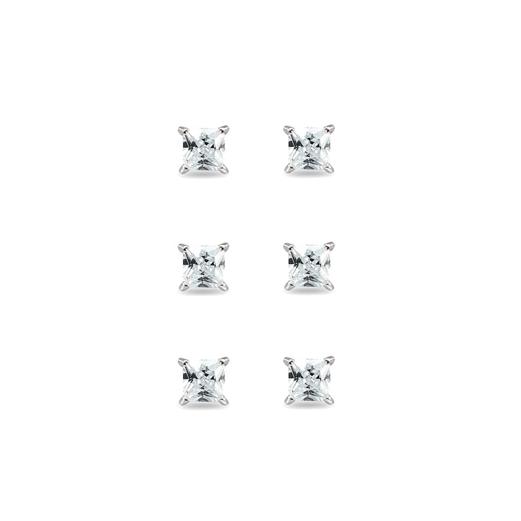 3-Pair Set Sterling Silver Cubic Zirconia Princess-Cut 6mm Square Stud Earrings