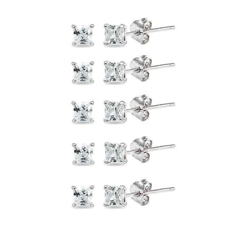 5-Pair Set Sterling Silver Cubic Zirconia Princess-Cut 6mm Square Stud Earrings