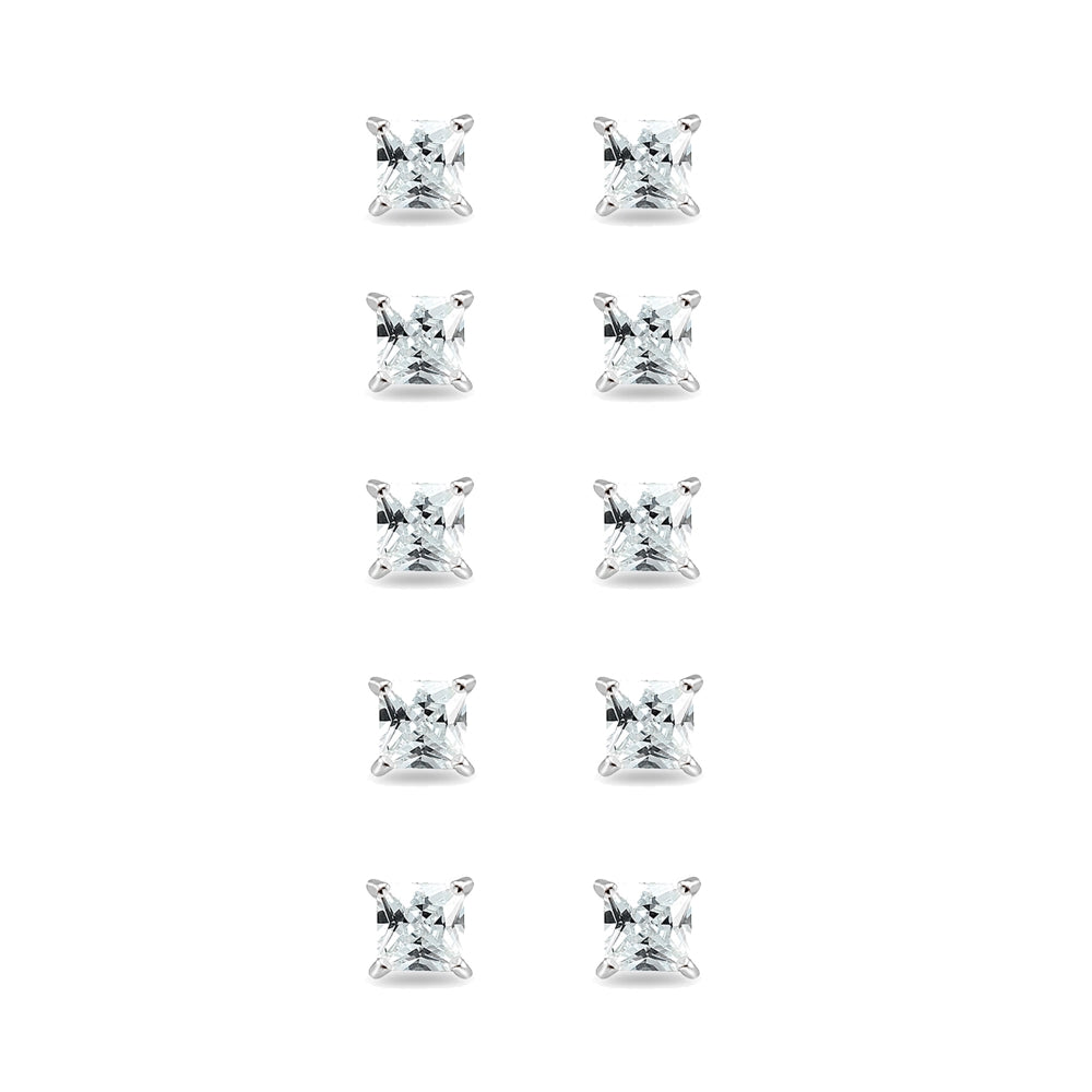 5-Pair Set Sterling Silver Cubic Zirconia Princess-Cut 6mm Square Stud Earrings-2