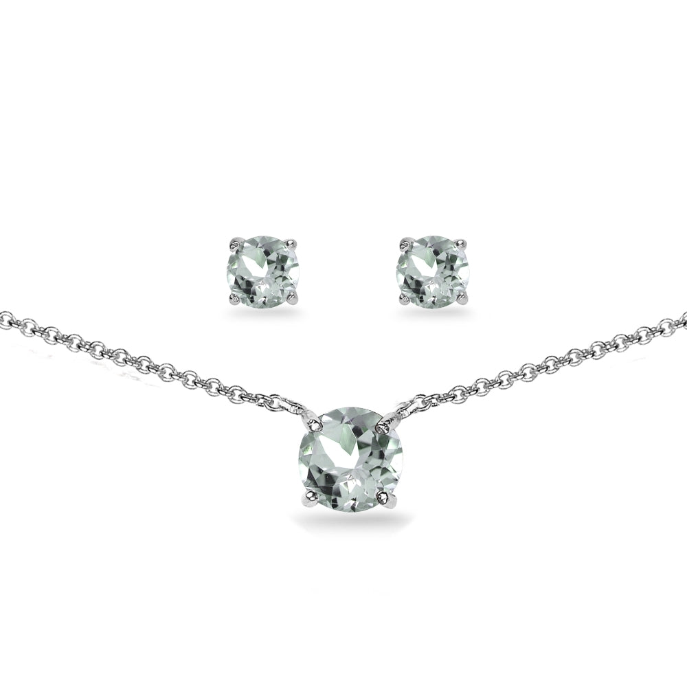 Sterling Silver Aquamarine Round Solitaire Choker Necklace and Stud Earrings Set